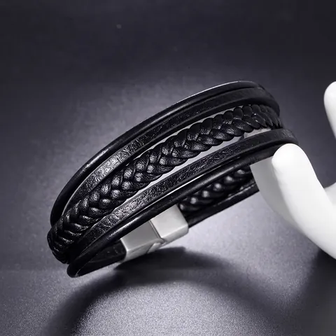 Vintage Multi-layer Braided Leather Bracelet For Men Stainless Steel Magnetic Buckle Punk Style Handwoven Casual Wristband