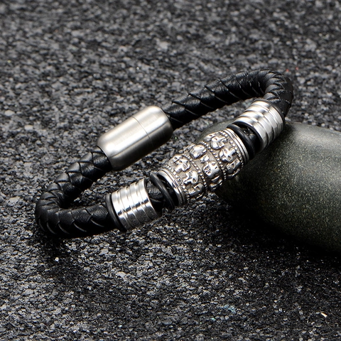 Herren Titanstahl Schwarz Geflochtenes Lederarmband Gotik Totenkopf Magnetverschluss Vintage Punk Rock Biker Schmuck Handkette