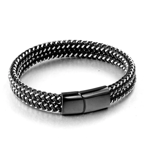Pulsera Vintage de Cuero Trenzado para Hombre Con Cierre Magnético de Acero de Titanio de Doble Vuelta Cuerda Negro Plata Joyería de Moda