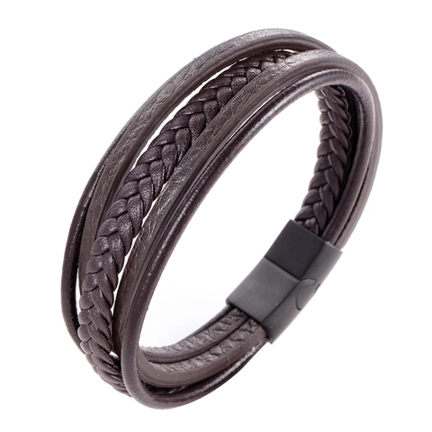 Men Multi-layer Braided Leather Bracelet With Stainless Steel Magnetic Clasp Vintage Brown Punk Wrap Bracelet Jewelry Gift