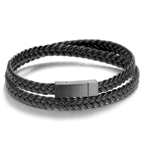 Pulsera de Cuero Trenzado para Hombre Minimalista Con Cierre Magnético de Acero Inoxidable de Doble Hebra Joyería de Muñeca Casual