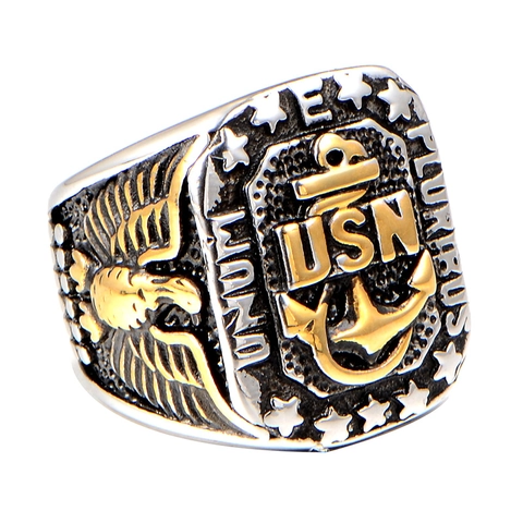 US Navy Heren Ring Titanium Staal Adelaar Zegelring Tweekleurig Goud Relief Militaire Stijl Herdenkingssieraden Vintage Vingerring