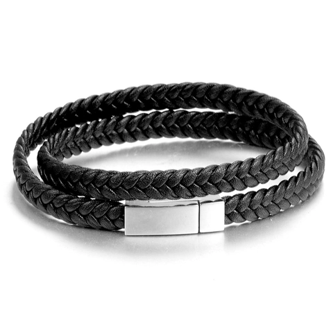 Herren Mode Minimalistisch Doppellagig Schwarz Gewebtes Lederarmband Mit Edelstahl Magnetverschluss Casual Punk Schmuck