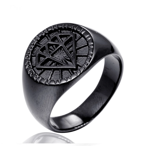 Anillo de Sello para Hombre de Acero de Titanio Vintage Punk Grabado de Diamante Geométrico Anillo de Banda Redonda Negro Oro Plata