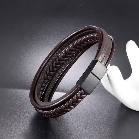 Men Multi-layer Braided Leather Bracelet With Stainless Steel Magnetic Clasp Vintage Brown Punk Wrap Bracelet Jewelry Gift