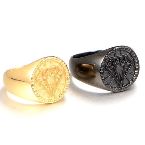 Anillo de Sello para Hombre de Acero de Titanio Vintage Punk Grabado de Diamante Geométrico Anillo de Banda Redonda Negro Oro Plata