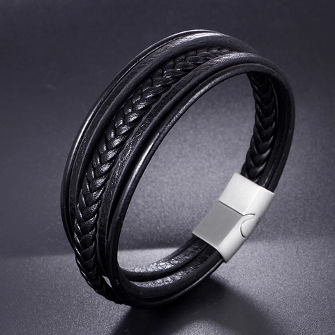 Bracciale da Uomo Multistrato in Pelle Intrecciata Con Chiusura Magnetica in Acciaio Inossidabile Gioielli di Moda Retro Casual