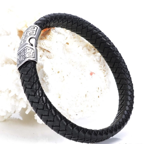 Men Braided Leather Bracelet Stainless Steel Magnetic Clasp Greek Key Pattern Vintage Woven Bracelet Fashion Hand Jewelry