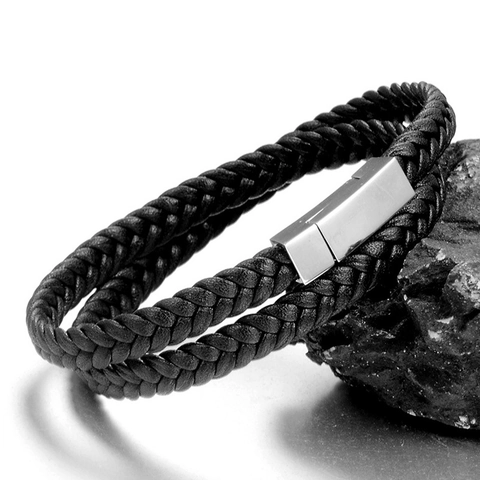 Herren Mode Minimalistisch Doppellagig Schwarz Gewebtes Lederarmband Mit Edelstahl Magnetverschluss Casual Punk Schmuck