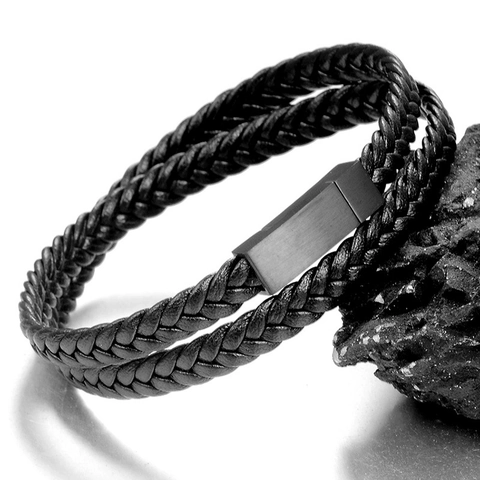 Pulsera de Cuero Trenzado para Hombre Minimalista Con Cierre Magnético de Acero Inoxidable de Doble Hebra Joyería de Muñeca Casual