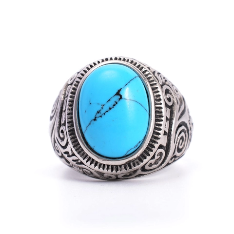 Anillo Vintage de Acero Inoxidable con Turquesa para Hombre Punk Tallado Geométrico Retro Patrón Étnico Joyería Regalo para Hombre
