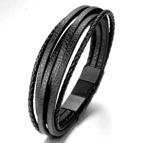 Bracciale Multistrato in Pelle Intrecciata da Uomo Con Chiusura Magnetica in Acciaio Inossidabile Gioielli Tessuti a Mano Casual