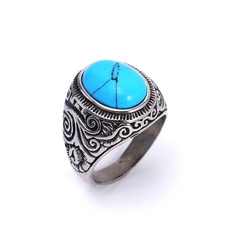 Anillo Vintage de Acero Inoxidable con Turquesa para Hombre Punk Tallado Geométrico Retro Patrón Étnico Joyería Regalo para Hombre