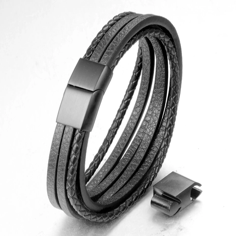 Bracciale Multistrato in Pelle Intrecciata da Uomo Con Chiusura Magnetica in Acciaio Inossidabile Gioielli Tessuti a Mano Casual