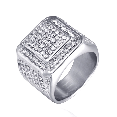 Men Hip Hop Titanium Steel Square Ring Iced Out Pave Rhinestone Band Ring Gold Silver Color Fashion Jewelry Accessories