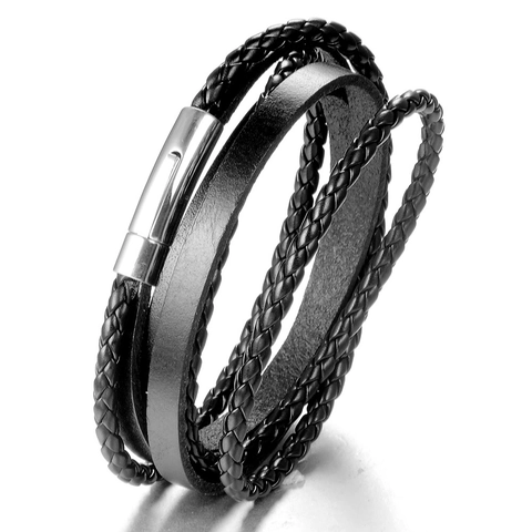 Bracciale in Pelle Multistrato da Uomo Intrecciato in Acciaio al Titanio con Chiusura Magnetica Cordino Nero Gioielli Punk Casual