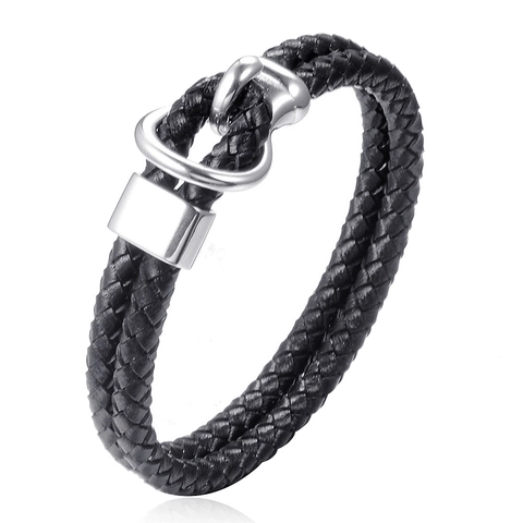 Men's Woven Leather Cord Bracelet With Stainless Steel Horseshoe Clasp Casual Punk Braid Wristband Hand Jewelry For Unisex