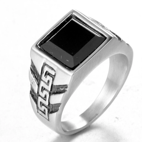 Anillo de Sello de Acero de Titanio Vintage Para Hombre Mujer Strass Negro Cuadrado Patrón de Llave Griega Anillo Joyería
