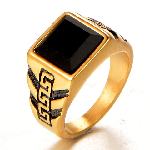 Anillo de Sello de Acero de Titanio Vintage Para Hombre Mujer Strass Negro Cuadrado Patrón de Llave Griega Anillo Joyería