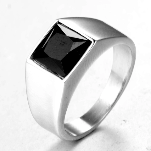 Anello con Sigillo da Uomo in Acciaio al Titanio con Strass Quadrato Retrò Geometrico Intarsiato Gioielli di Moda