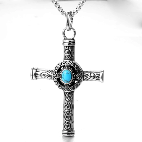 Ciondolo a Croce in Acciaio Inossidabile Vintage per Uomo Donna Antico Motivo a Volute Intarsiato con Turchese Gioielli Religiosi Gotici