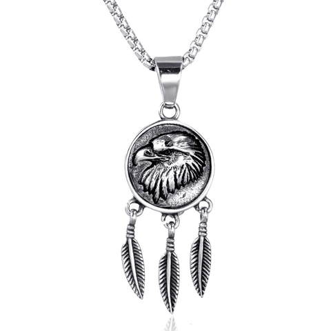Pendentif Punk Vintage en Acier Inoxydable Relief Tête d'Aigle Avec Trois Plumes Argent Antique Pendentif Seul Sans Chaîne Homme