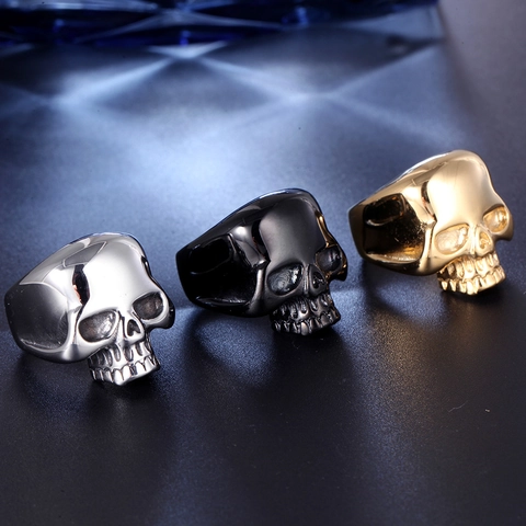 Punk Rock Men's Stainless Steel Skull Ring Gothic Skeleton Head Finger Ring For Men Women Black Gold Silver Fashion Jewelry