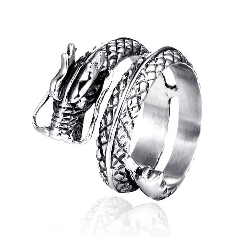 Anillo de Dragón de Acero Inoxidable Vintage para Hombre Anillo de Escamas de Dragón Punk Rock Color Plata Retro Joyería para Hombre