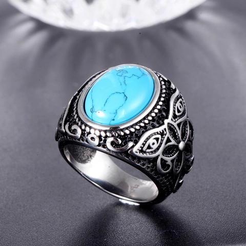 Anello Vintage in Acciaio Inossidabile Con Turchese per Uomo Distressed Intaglio Floreale Pietra Blu Ovale Stile Etnico Boho