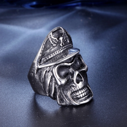 Punk Gothic Edelstahl Totenkopf Ring Herren Vintage Antik Silber Skelett Offiziersmütze Ring Biker Rock Schmuck