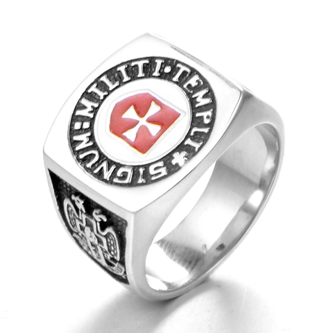 Anillo de Sello de Acero Inoxidable Vintage Cruz Templaria Escudo para Hombre Gótico Latín Signum Militi Templi Banda Joyería de Dedo