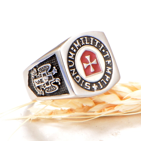 Anillo de Sello de Acero Inoxidable Vintage Cruz Templaria Escudo para Hombre Gótico Latín Signum Militi Templi Banda Joyería de Dedo