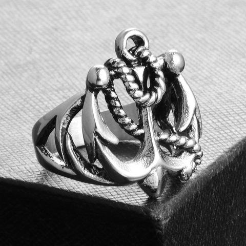 Anillo de Ancla de Acero de Titanio Vintage para Hombre Diseño de Cuerda Náutica Retro Estilo Industrial Punk Biker Joyería