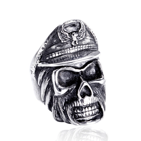 Punk Gothic Edelstahl Totenkopf Ring Herren Vintage Antik Silber Skelett Offiziersmütze Ring Biker Rock Schmuck