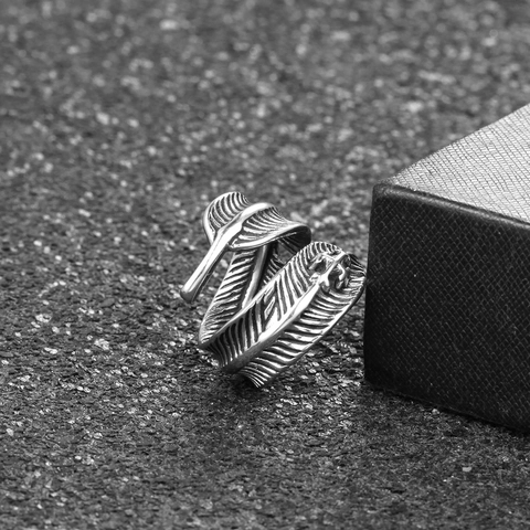 Vintage Stainless Steel Feather Open Ring For Men Women Double Feather Adjustable Punk Gothic Western Fashion Ring Jewelry