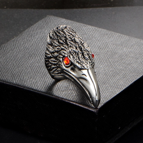 Anello Vintage in Acciaio Inossidabile a Testa di Uccello Punk Gotico Aquila Corvo Con Occhi in Strass Rossi per Uomo Donna Gioielli