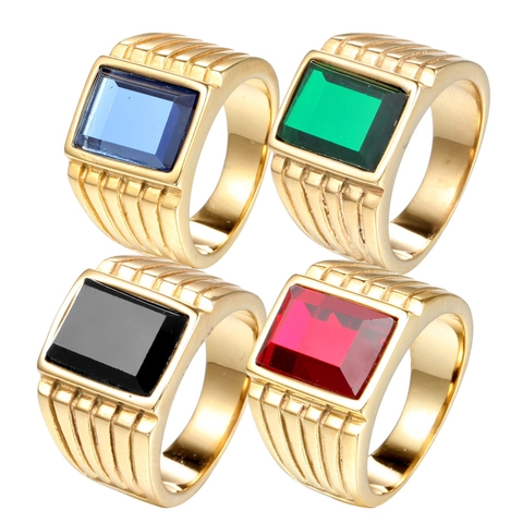 Anello da Uomo Vintage in Acciaio Inossidabile con Strass Rettangolare Grande Placcato Oro Hip Hop Business Gioielli Moda