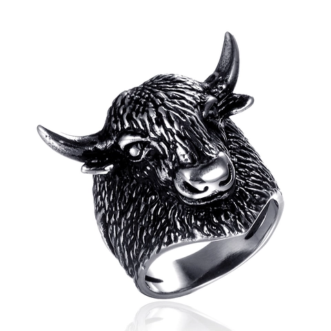 Vintage Punk Stainless Steel Bull Head Ring For Men European Dominant Distressed Buffalo Ox Skull Biker Jewelry Statement Finger Ring