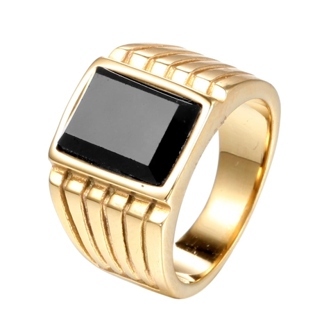 Anello da Uomo Vintage in Acciaio Inossidabile con Strass Rettangolare Grande Placcato Oro Hip Hop Business Gioielli Moda