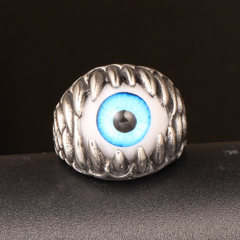 Gothic Punk Stainless Steel Eye Ring For Men Polished Vintage Claw Teeth Inlaid Stone Finger Jewelry Fashion Accessory
