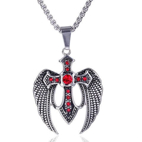 Vintage Gothic Wing Cross Pendant Necklace Stainless Steel Red Rhinestone Inlaid Punk Rock Jewelry For Men Pendant Only