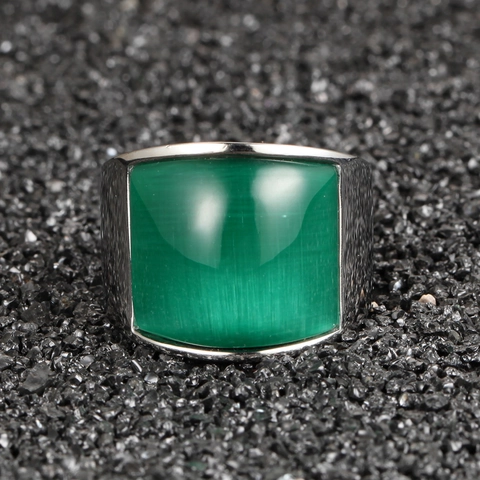 Anello in Acciaio Inossidabile a Fascia Larga per Uomo Donna Pietra Verde Occhio di Gatto Quadrata Geometrico Lucido Gioielli Unisex
