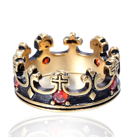 Vintage Gothic Crown Cross Ring Stainless Steel Rhinestone Inlaid Retro Royal King Punk Statement Finger Jewelry For Men Women