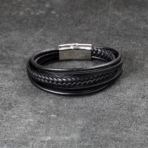 Herren Mehrlagiges Geflochtenes Lederarmband Edelstahl Magnetverschluss Schwarz Geflochtenes Seil Armreif Lässig Punk Schmuck