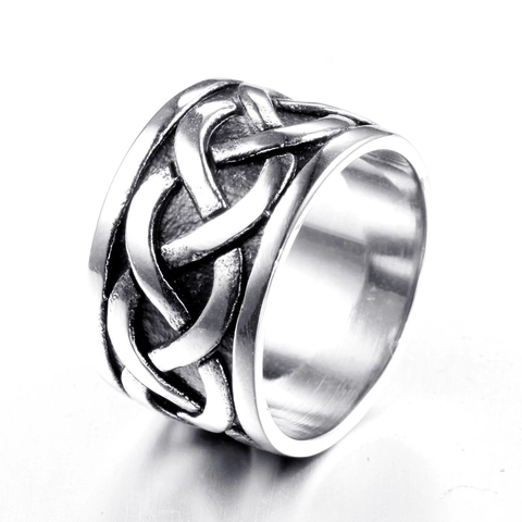 Vintage Titanium Steel Celtic Knot Braided Band Ring For Men Retro Oxidized Punk Gothic Wide Band Ring Fashion Jewelry Gift
