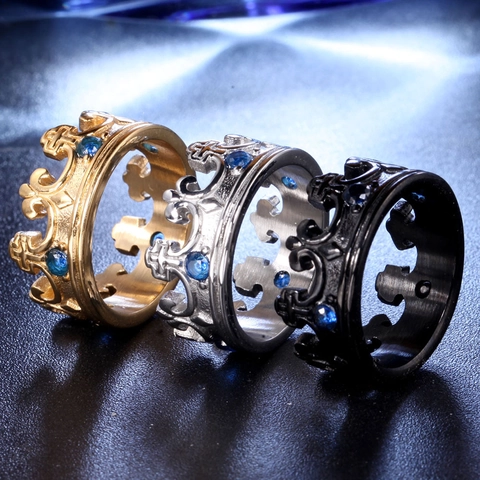 Vintage Gothic Crown Ring For Men Women Titanium Stainless Steel Cross Fleur-de-lis Pattern Inlaid Red Rhinestone Band Ring