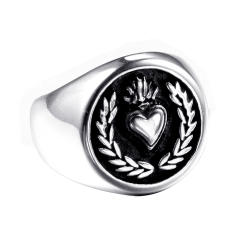 Anello Sigillo Cuore in Acciaio Inossidabile 316L Vintage per Uomo Corona Alloro Incisa Biker Punk Gioielli Moda Regalo