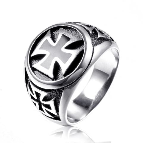 Vintage Stainless Steel Iron Cross Ring For Men Black Enamel Shield Gothic Punk Biker Jewelry Retro Fashion Finger Ring