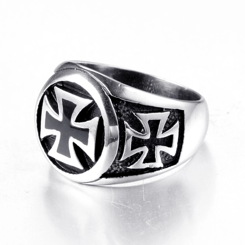 Vintage Stainless Steel Iron Cross Ring For Men Black Enamel Shield Gothic Punk Biker Jewelry Retro Fashion Finger Ring
