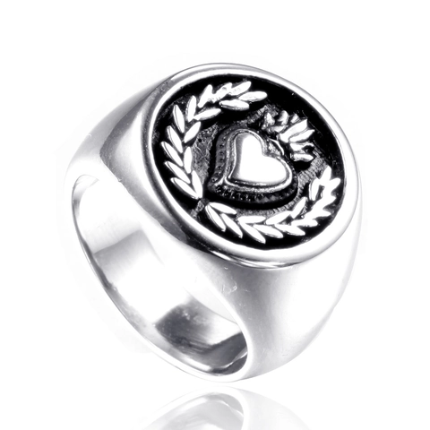 Anello Sigillo Cuore in Acciaio Inossidabile 316L Vintage per Uomo Corona Alloro Incisa Biker Punk Gioielli Moda Regalo